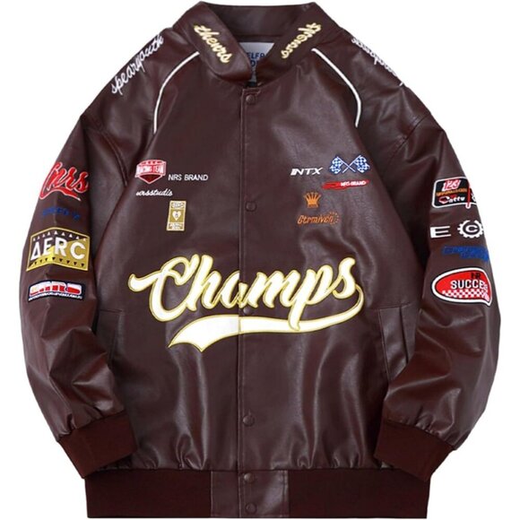 Unisex Brown Aelfric Eden Faux Leather Racing Jacket Oversized Biker Street wear